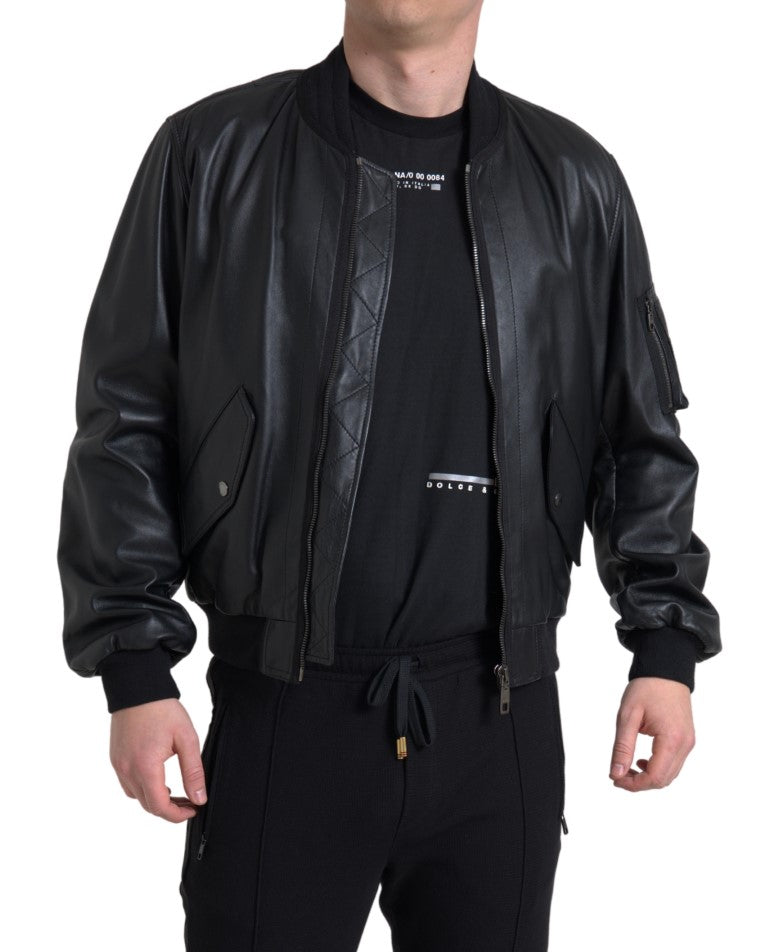 Veste bomber en cuir noir à fermeture éclair intégrale de Dolce & Gabbana