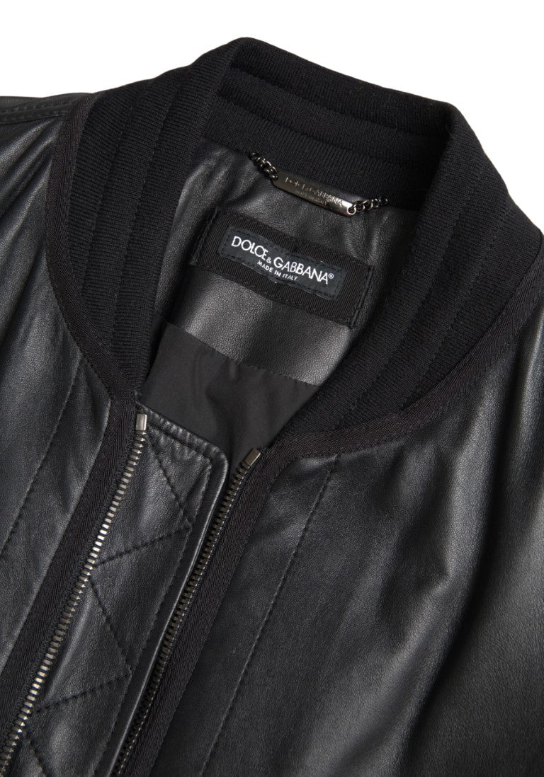 Veste bomber en cuir noir à fermeture éclair intégrale de Dolce & Gabbana