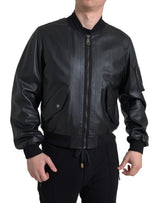 Veste bomber en cuir noir à fermeture éclair intégrale de Dolce & Gabbana