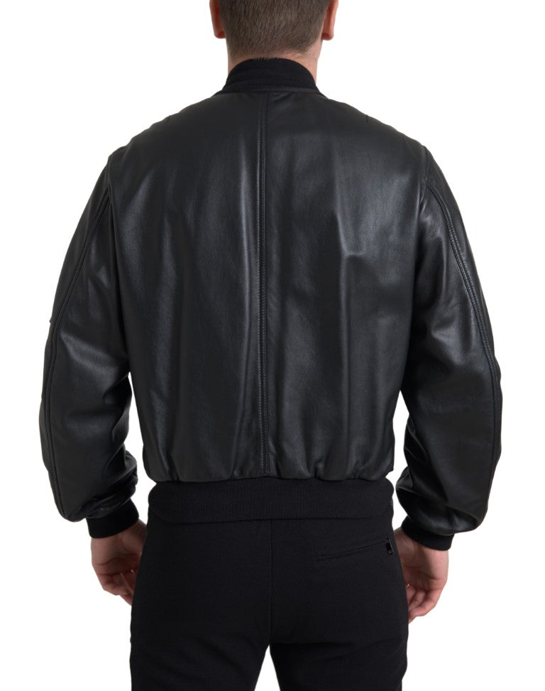 Veste bomber en cuir noir à fermeture éclair intégrale de Dolce & Gabbana