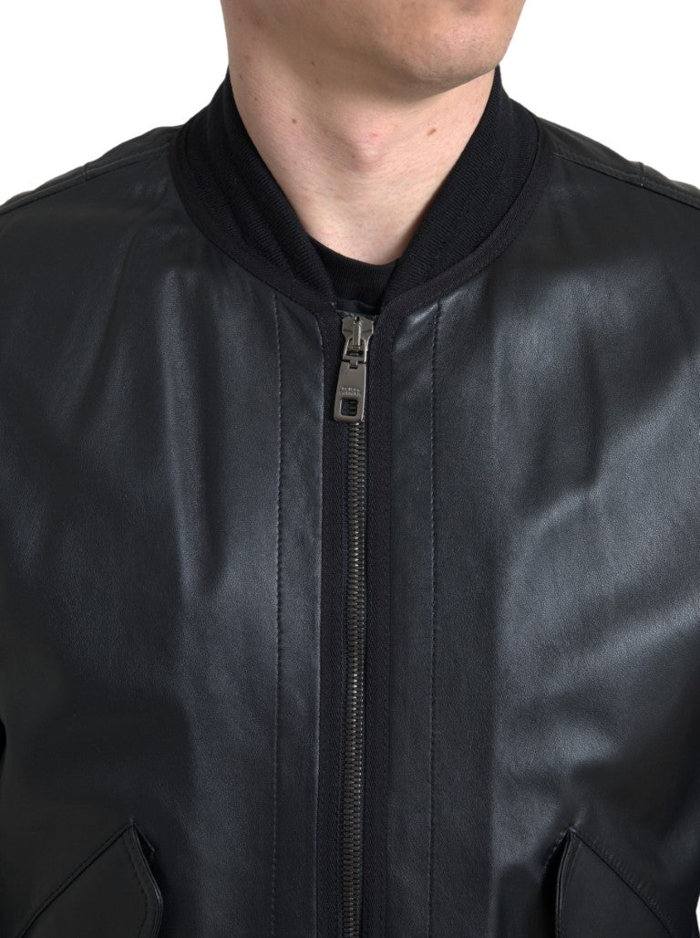 Veste bomber en cuir noir à fermeture éclair intégrale de Dolce & Gabbana