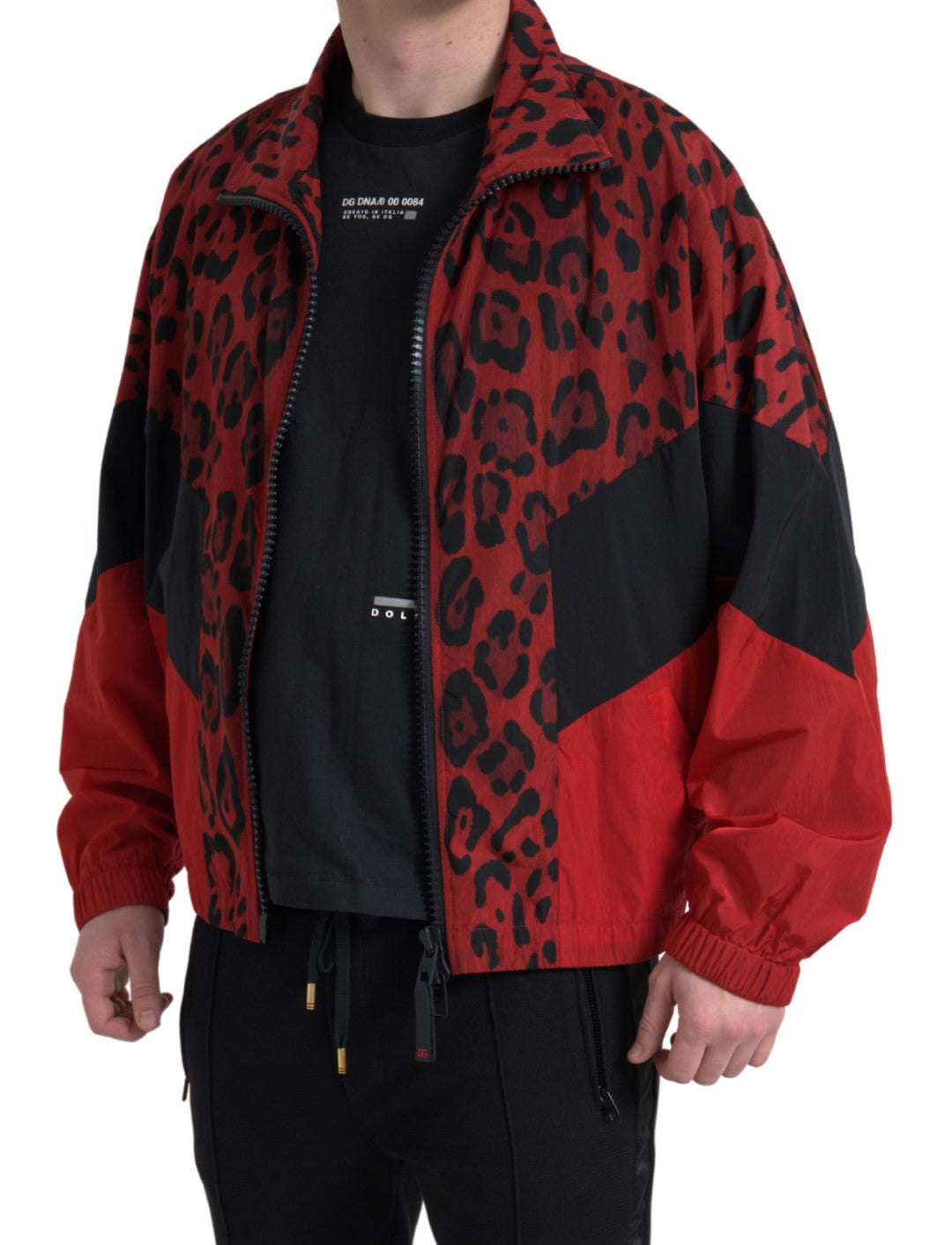 Pull en nylon à fermeture éclair avec imprimé léopard rouge de Dolce &amp; Gabbana