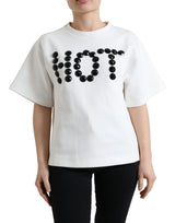 Dolce & Gabbana T-Shirt Blanc en Coton Stretch avec Cristaux Noirs HOT