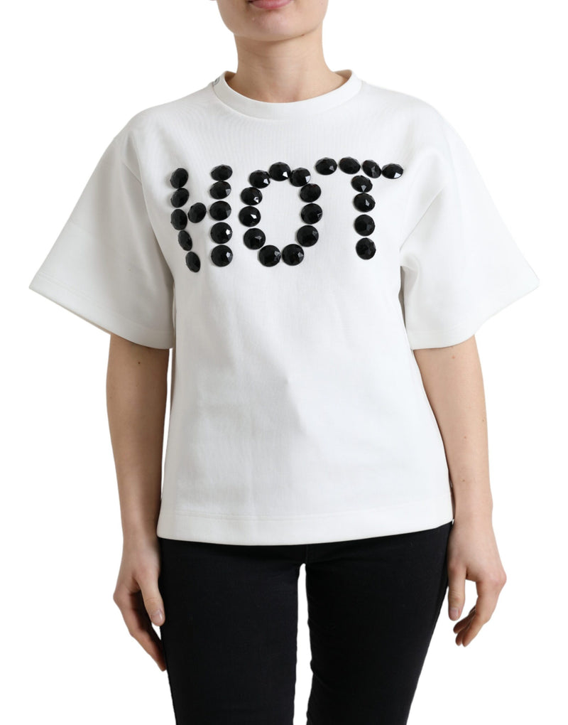 Dolce & Gabbana White Cotton Stretch T-Shirt with Black HOT Crystal