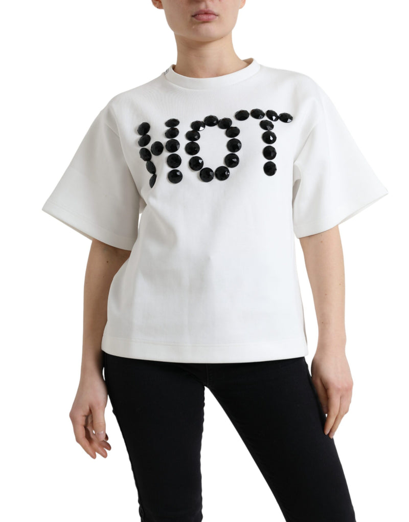 Dolce & Gabbana White Cotton Stretch T-Shirt with Black HOT Crystal