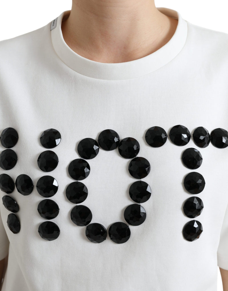 Dolce & Gabbana White Cotton Stretch T-Shirt with Black HOT Crystal