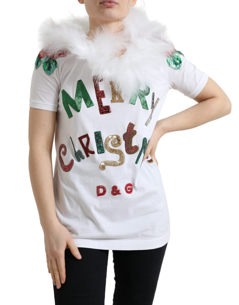 Dolce & Gabbana T-shirt en coton blanc avec sequins et fourrure pour Noël