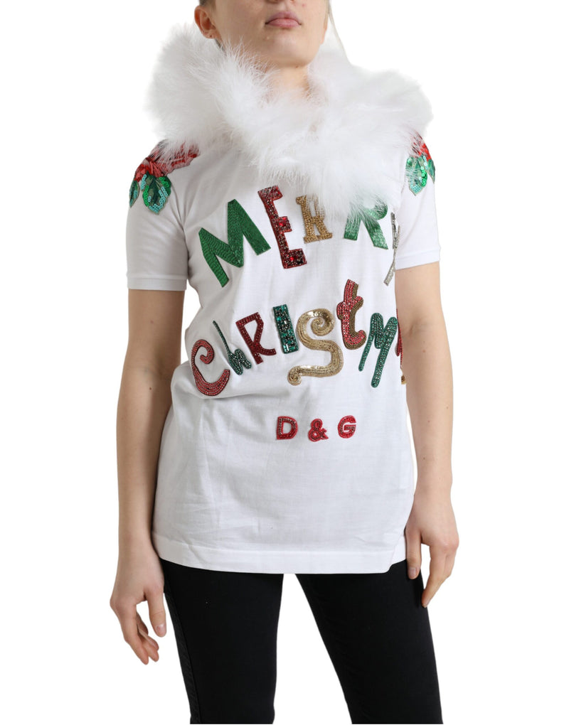 Dolce & Gabbana T-shirt en coton blanc avec sequins et fourrure pour Noël