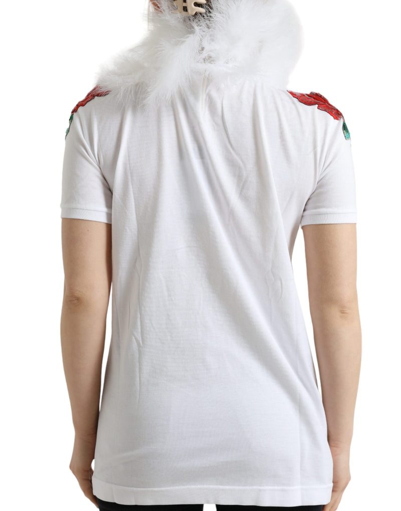 Dolce & Gabbana T-shirt en coton blanc avec sequins et fourrure pour Noël