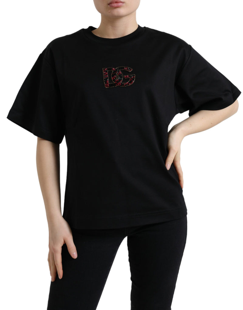 Dolce & Gabbana Black Cotton DG Crystal Crewneck Tee