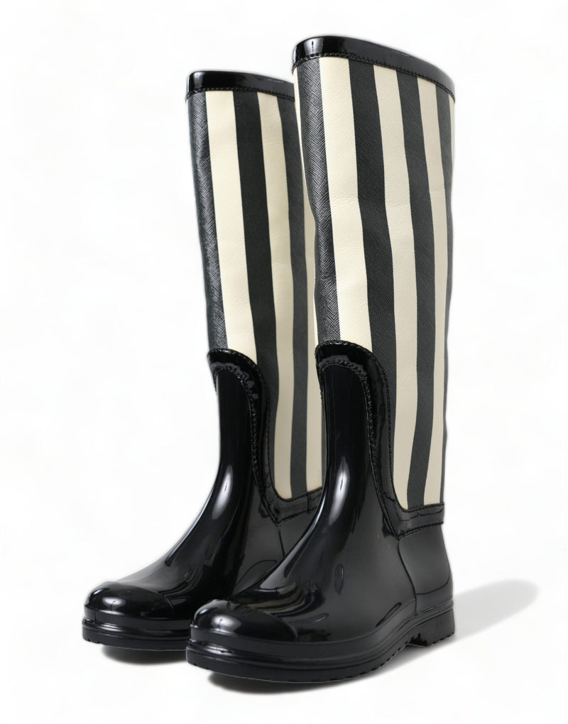 Dolce & Gabbana Black Rubber Knee High Flat Boots