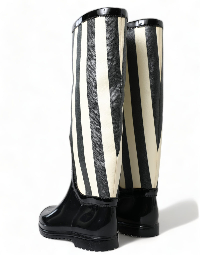 Dolce & Gabbana Black Rubber Knee High Flat Boots