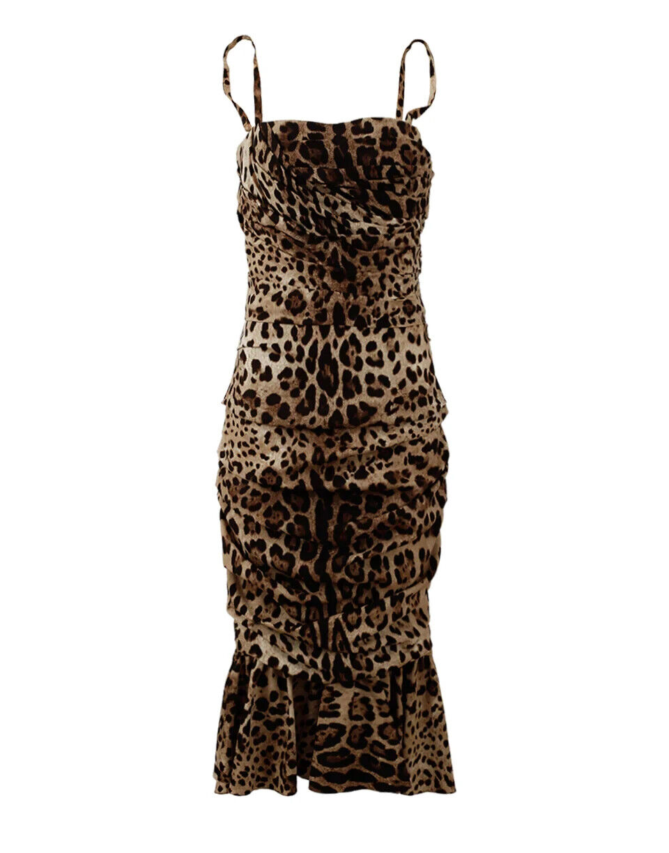 Robe Midi Ruchée Imprimé Léopard Brun Dolce & Gabbana