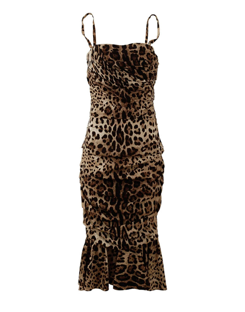 Robe Midi Ruchée Imprimé Léopard Brun Dolce & Gabbana