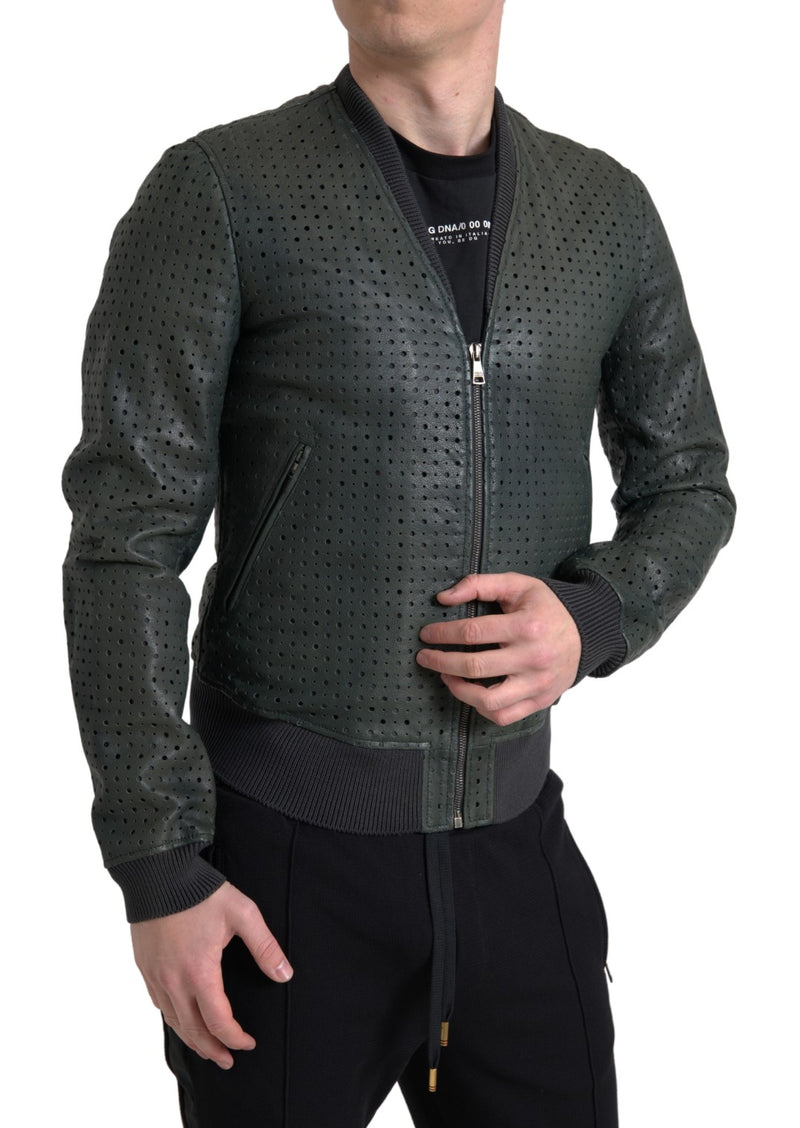 Bomber en cuir perforé vert de Dolce & Gabbana