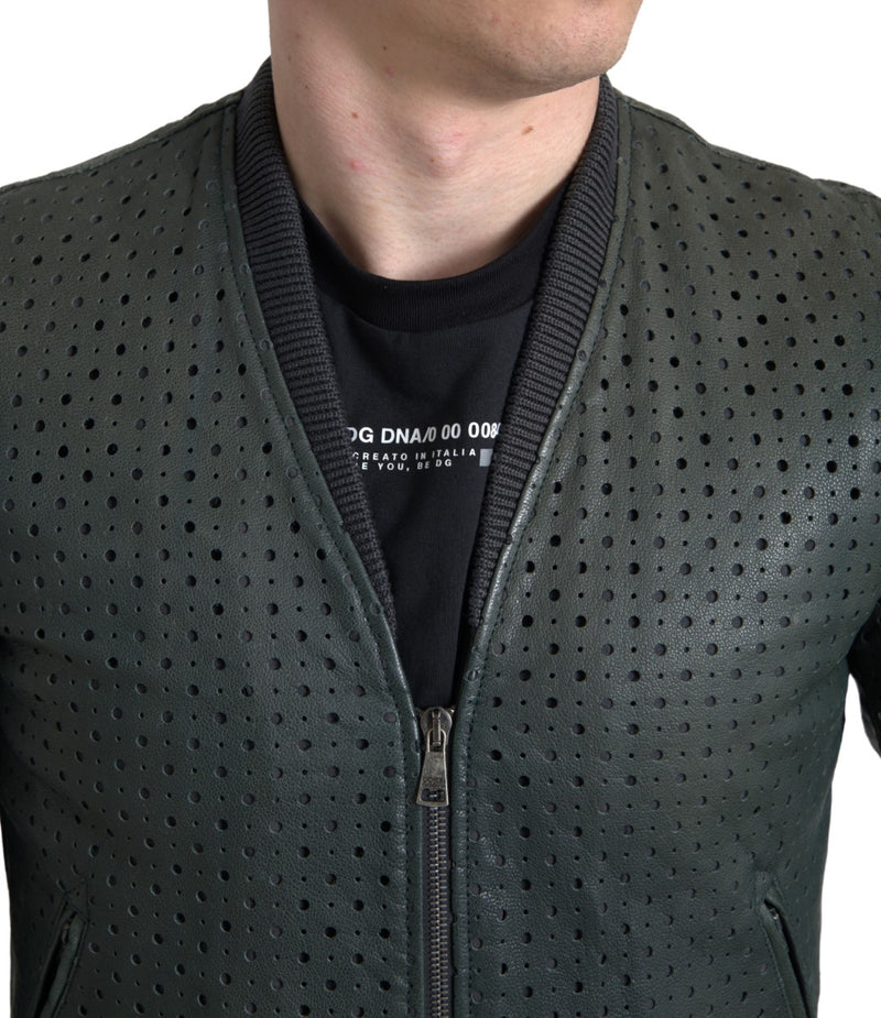 Bomber en cuir perforé vert de Dolce & Gabbana