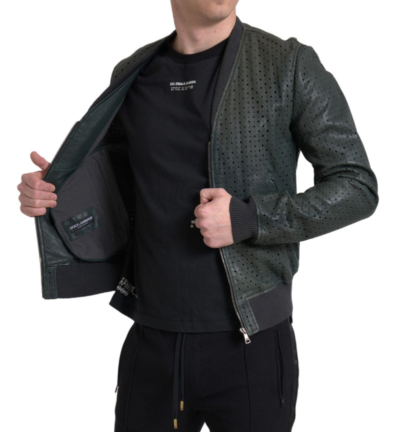 Bomber en cuir perforé vert de Dolce & Gabbana