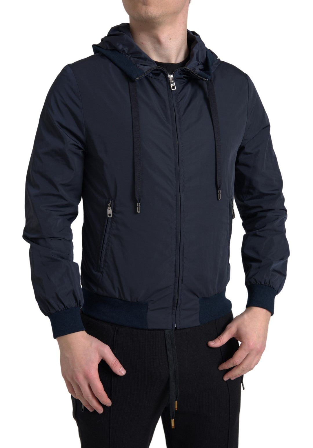 Pull en polyester à capuche bleu avec logo et fermeture éclair intégrale de Dolce &amp; Gabbana