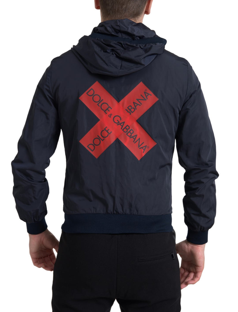 Dolce & Gabbana Blue Hooded Logo Polyester Full Zip Sweater