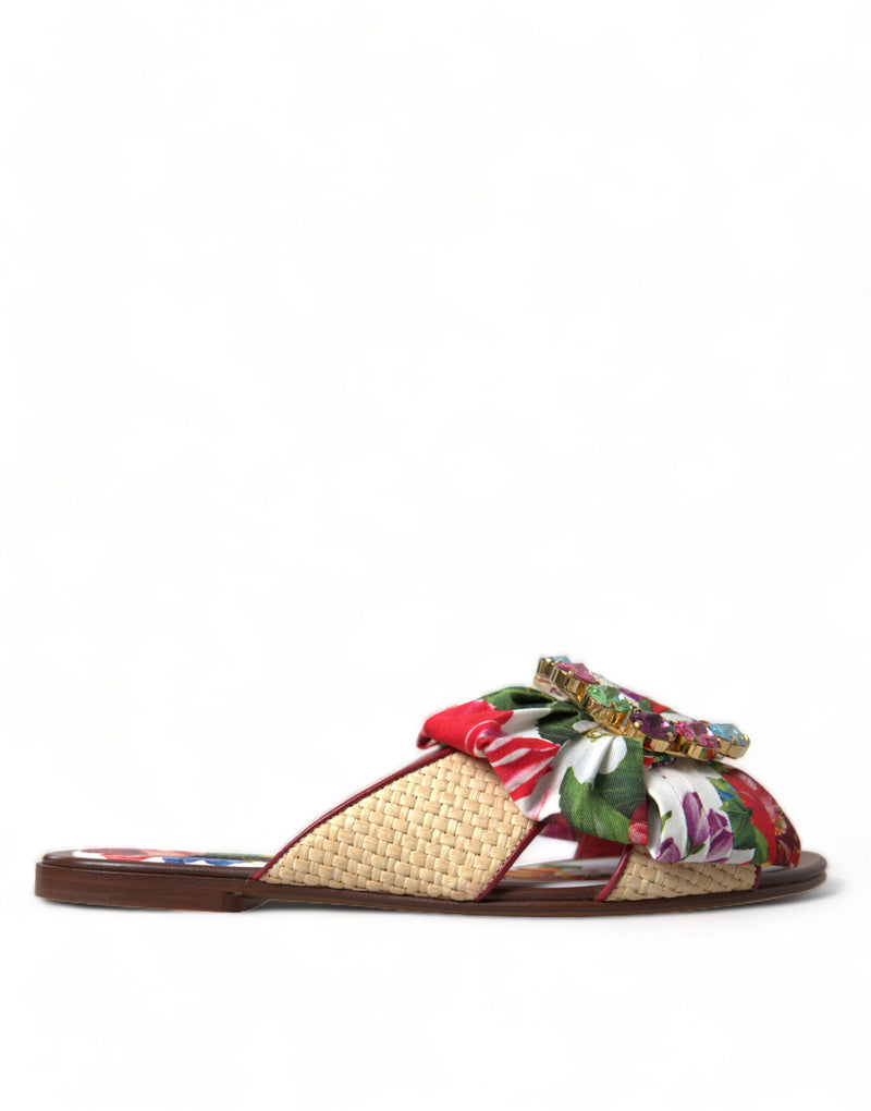 Dolce & Gabbana Multicolor Floral Flats Crystal Sandals
