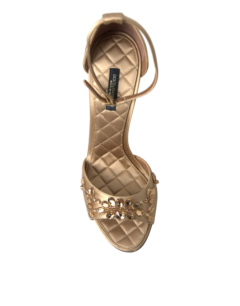 Dolce & Gabbana Gold Satin Ankle Strap Crystal Sandals