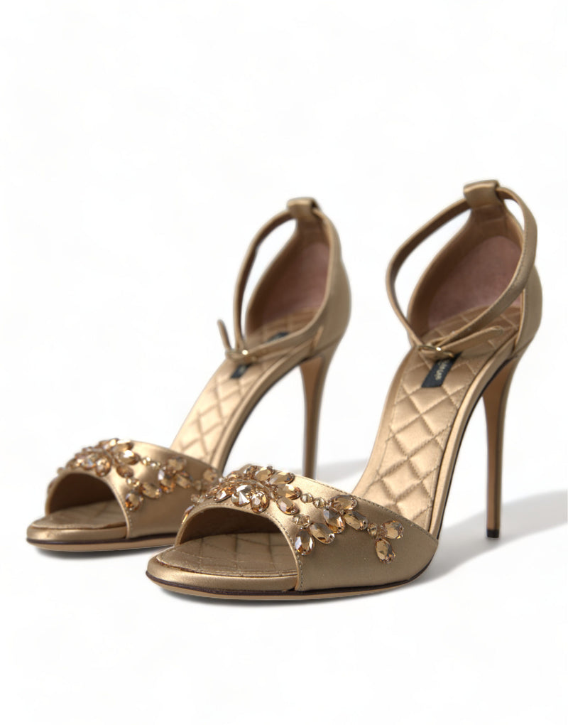 Dolce & Gabbana Gold Satin Ankle Strap Crystal Sandals