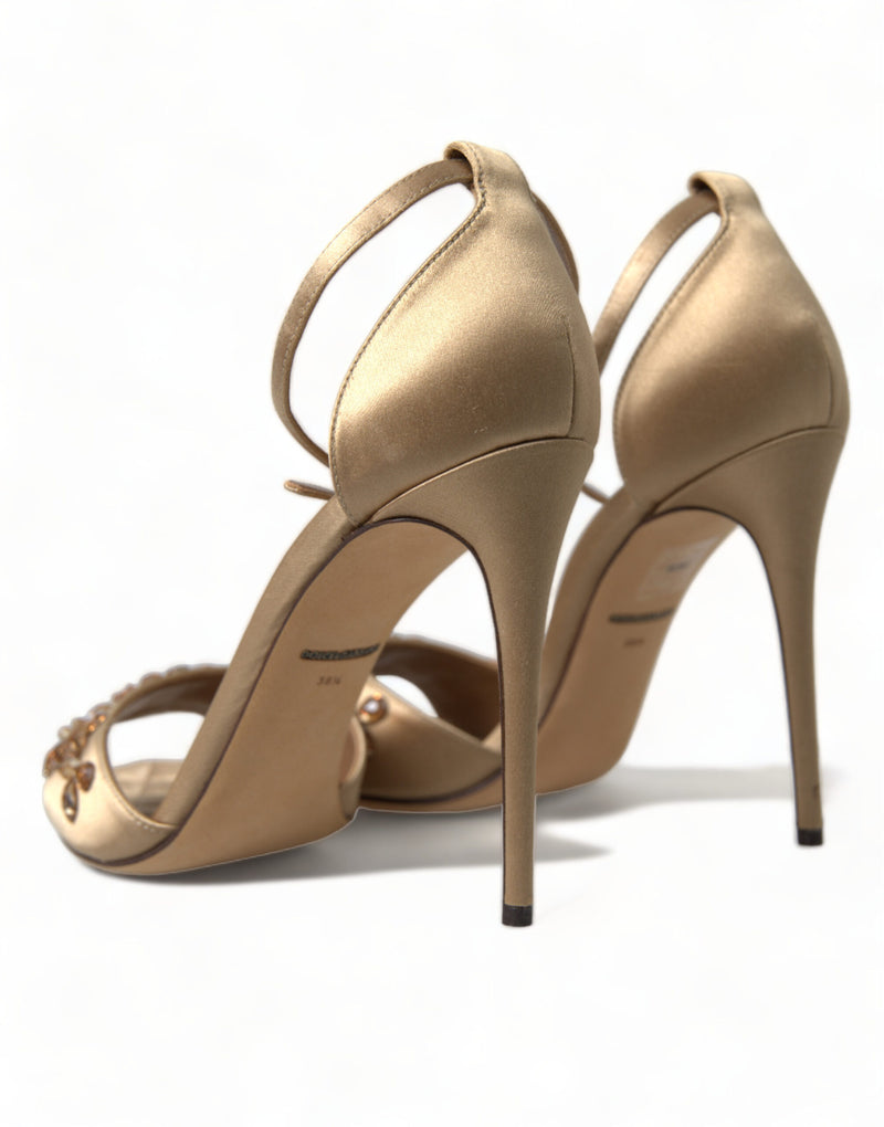 Dolce & Gabbana Gold Satin Ankle Strap Crystal Sandals