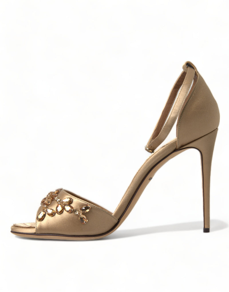 Dolce & Gabbana Gold Satin Ankle Strap Crystal Sandals