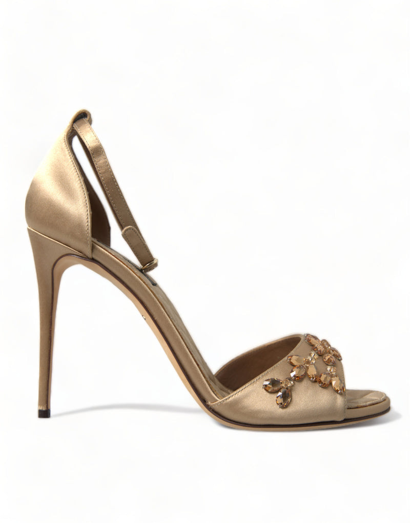 Dolce & Gabbana Gold Satin Ankle Strap Crystal Sandals