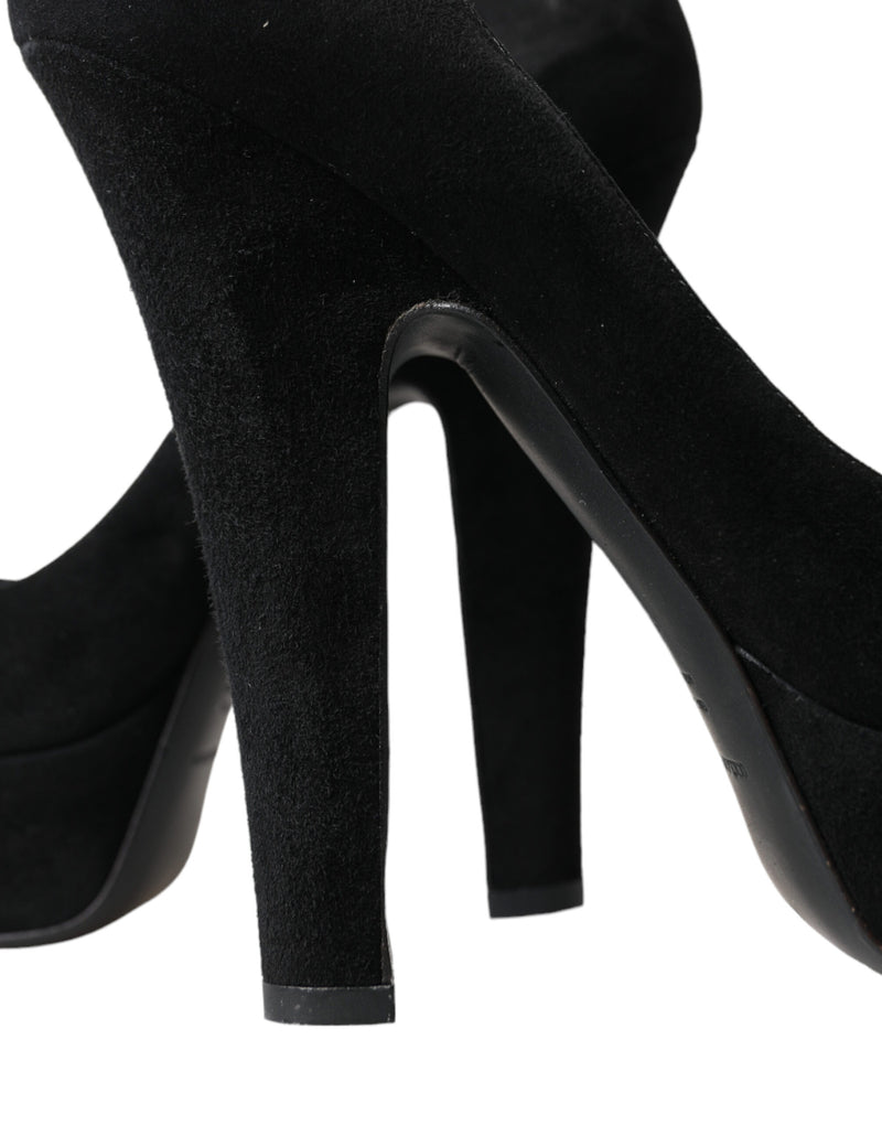 Dolce & Gabbana Black Suede Leather Platform Heel Pumps