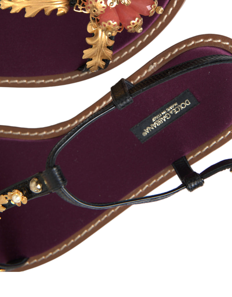 Dolce & Gabbana Black Crystal Gold Sandals - Luxe en Cuir