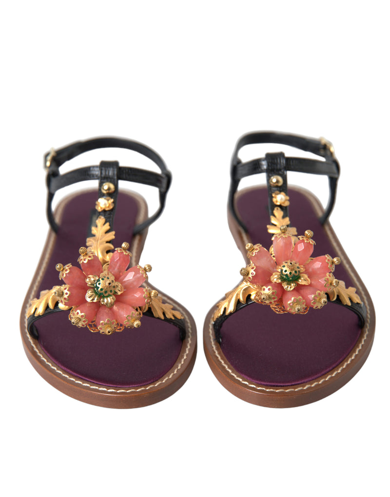 Dolce & Gabbana Black Crystal Gold Sandals - Luxe en Cuir