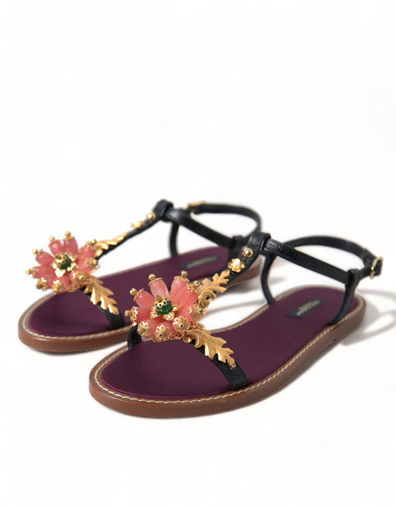Dolce & Gabbana Black Crystal Gold Sandals - Luxe en Cuir