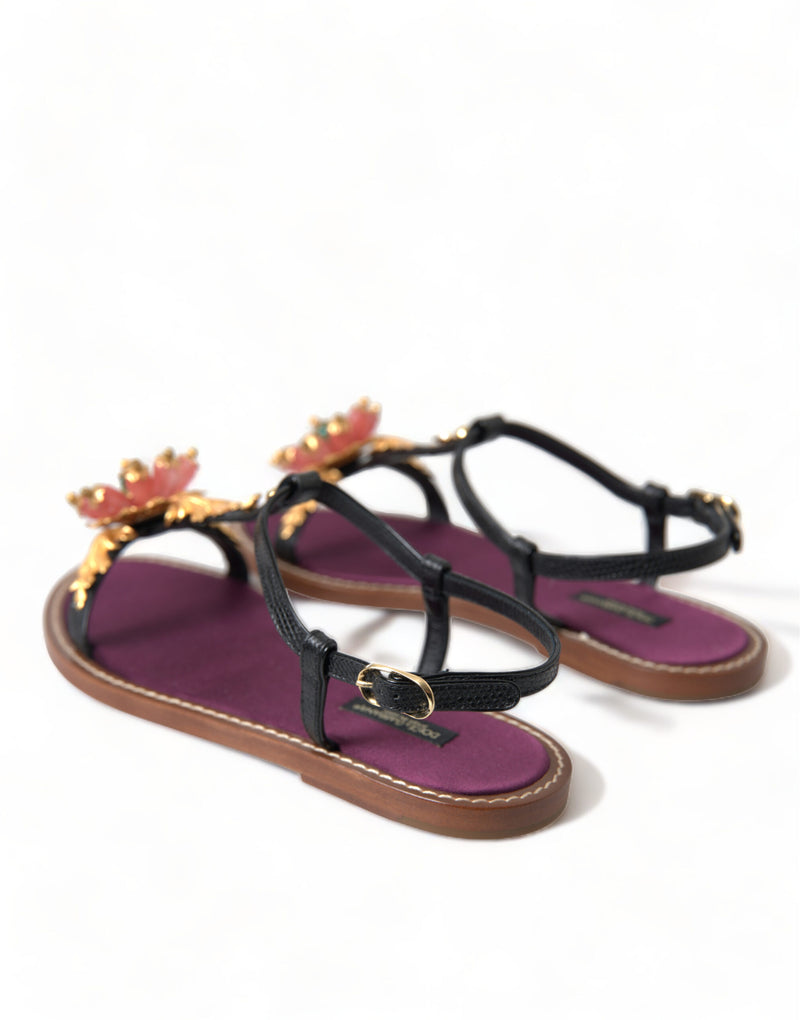 Dolce & Gabbana Black Crystal Gold Sandals - Luxe en Cuir