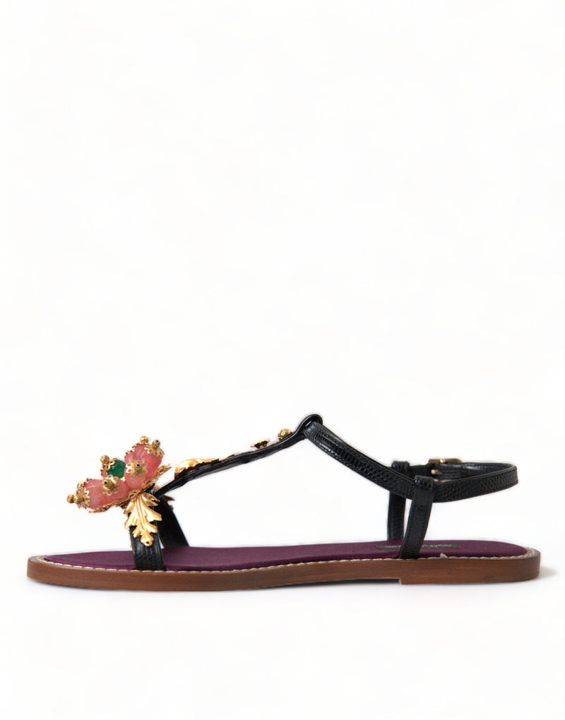 Dolce & Gabbana Black Crystal Gold Sandals - Luxe en Cuir