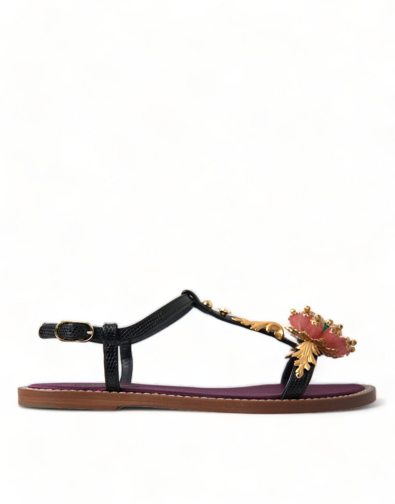 Dolce & Gabbana Black Crystal Gold Sandals - Luxe en Cuir