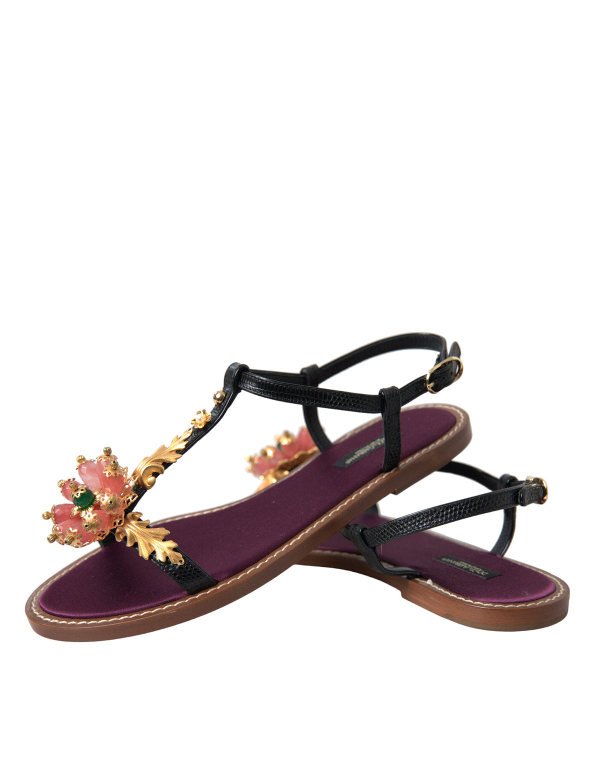 Dolce & Gabbana Black Crystal Gold Sandals - Luxe en Cuir