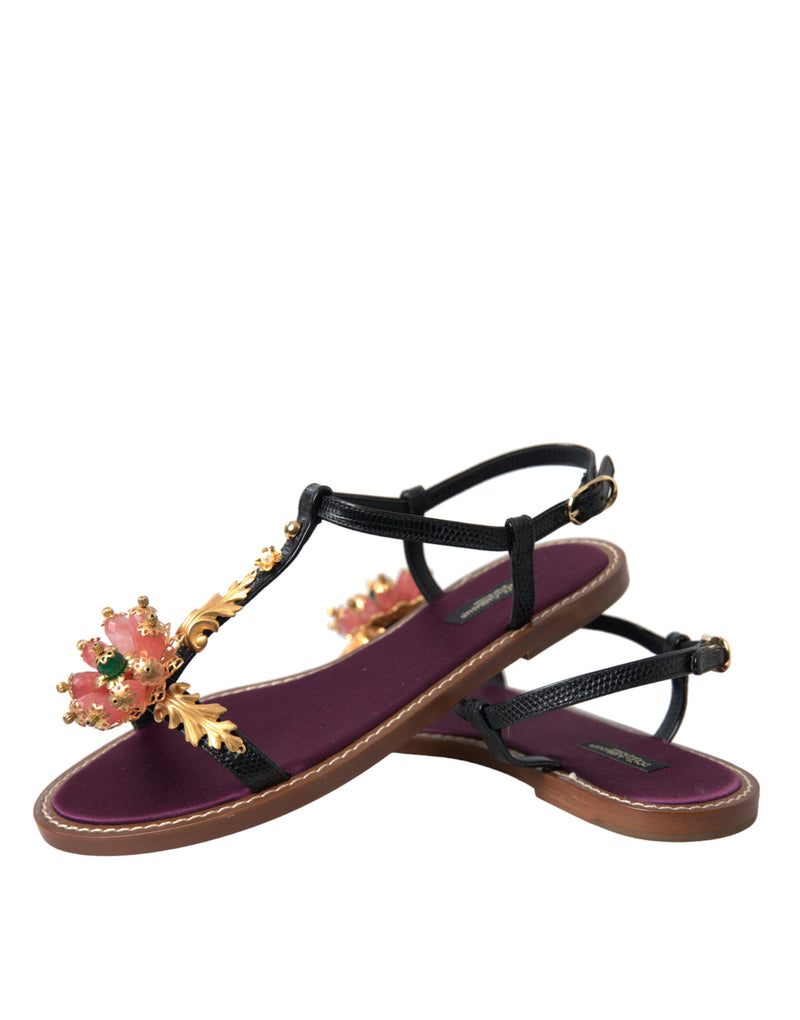 Dolce & Gabbana Black Crystal Gold Sandals - Luxe en Cuir