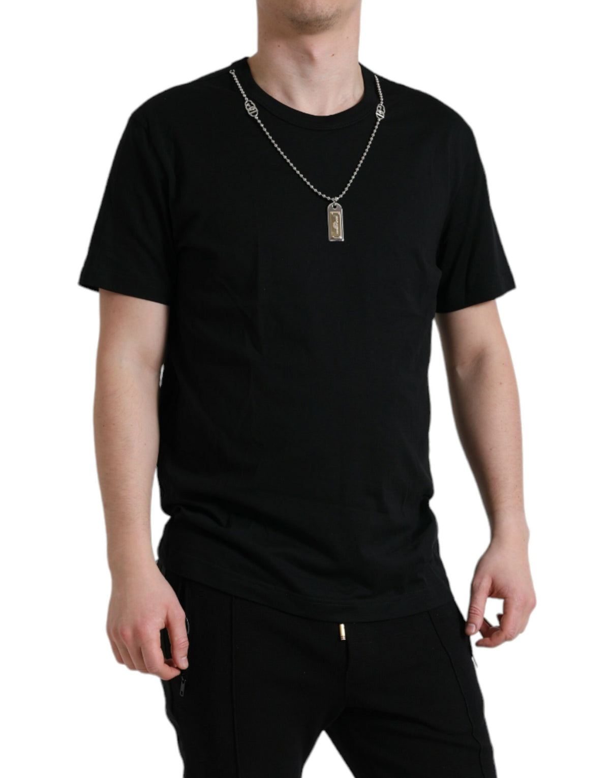 T-shirt à col rond en coton noir avec plaque signalétique pour chien de Dolce &amp; Gabbana