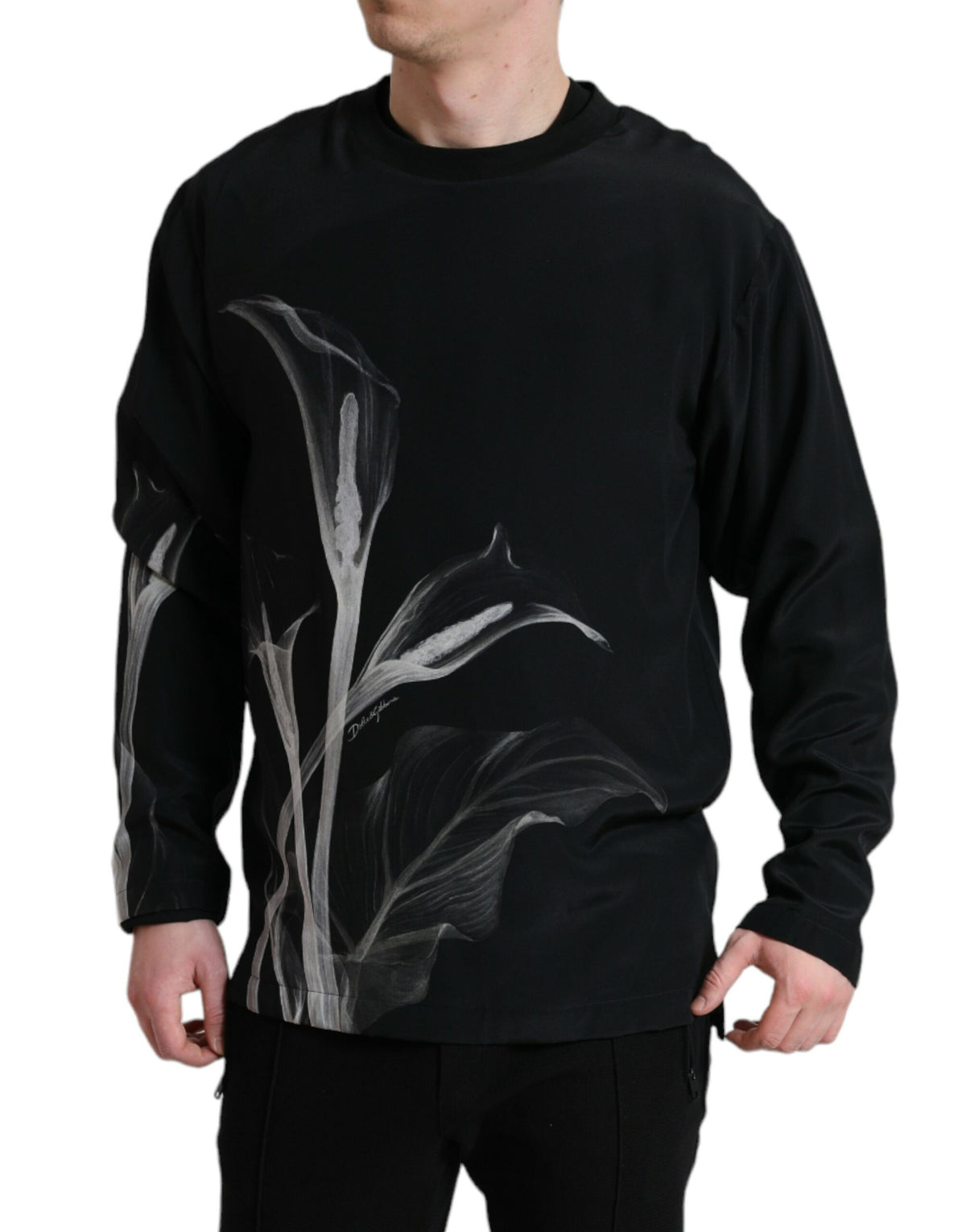Pull en jersey à col rond noir avec imprimé floral de Dolce &amp; Gabbana