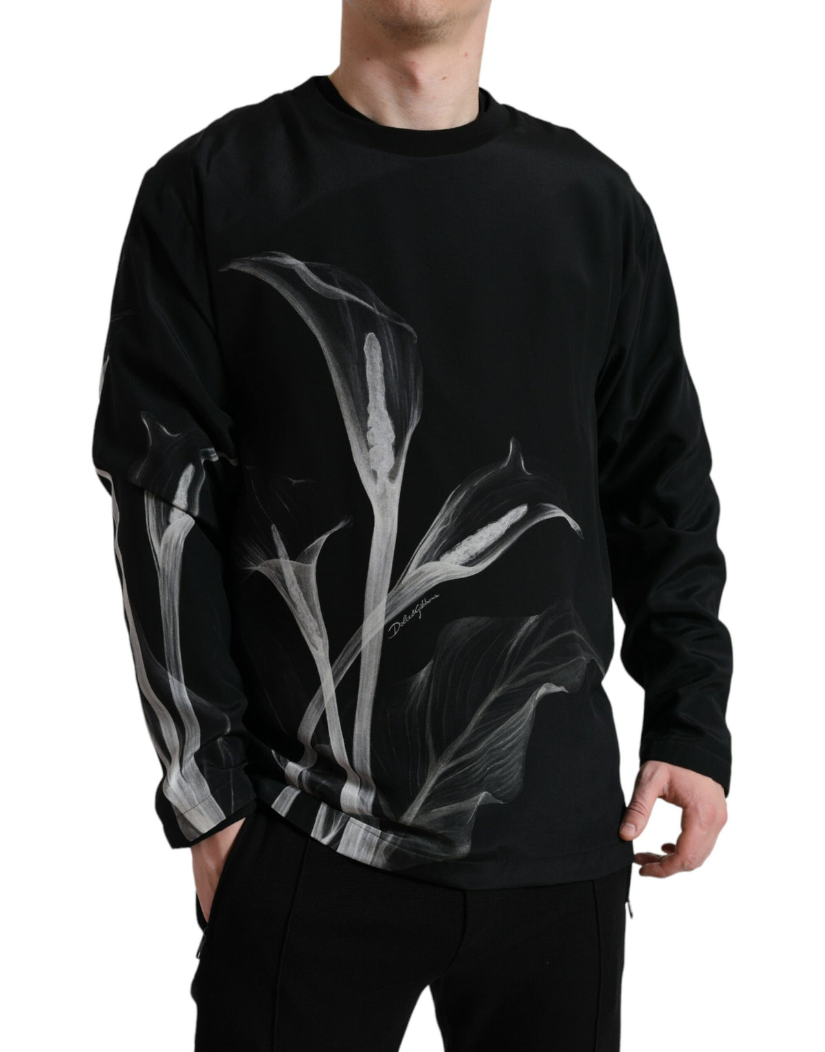 Pull en jersey à col rond noir avec imprimé floral de Dolce &amp; Gabbana