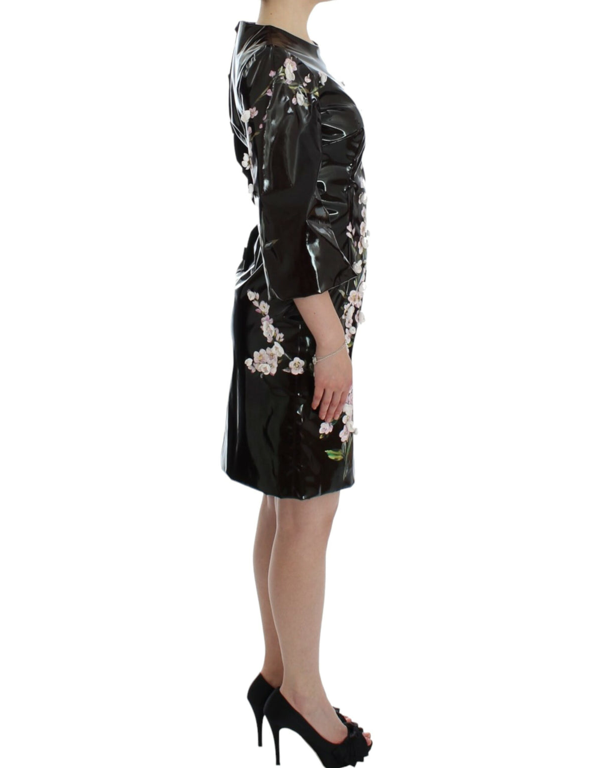 Robe fourreau noire à manches 3/4 et motifs floraux de Dolce &amp; Gabbana