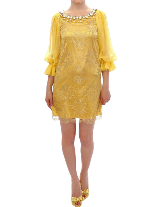 Mini-robe en dentelle jaune et strass de Dolce & Gabbana