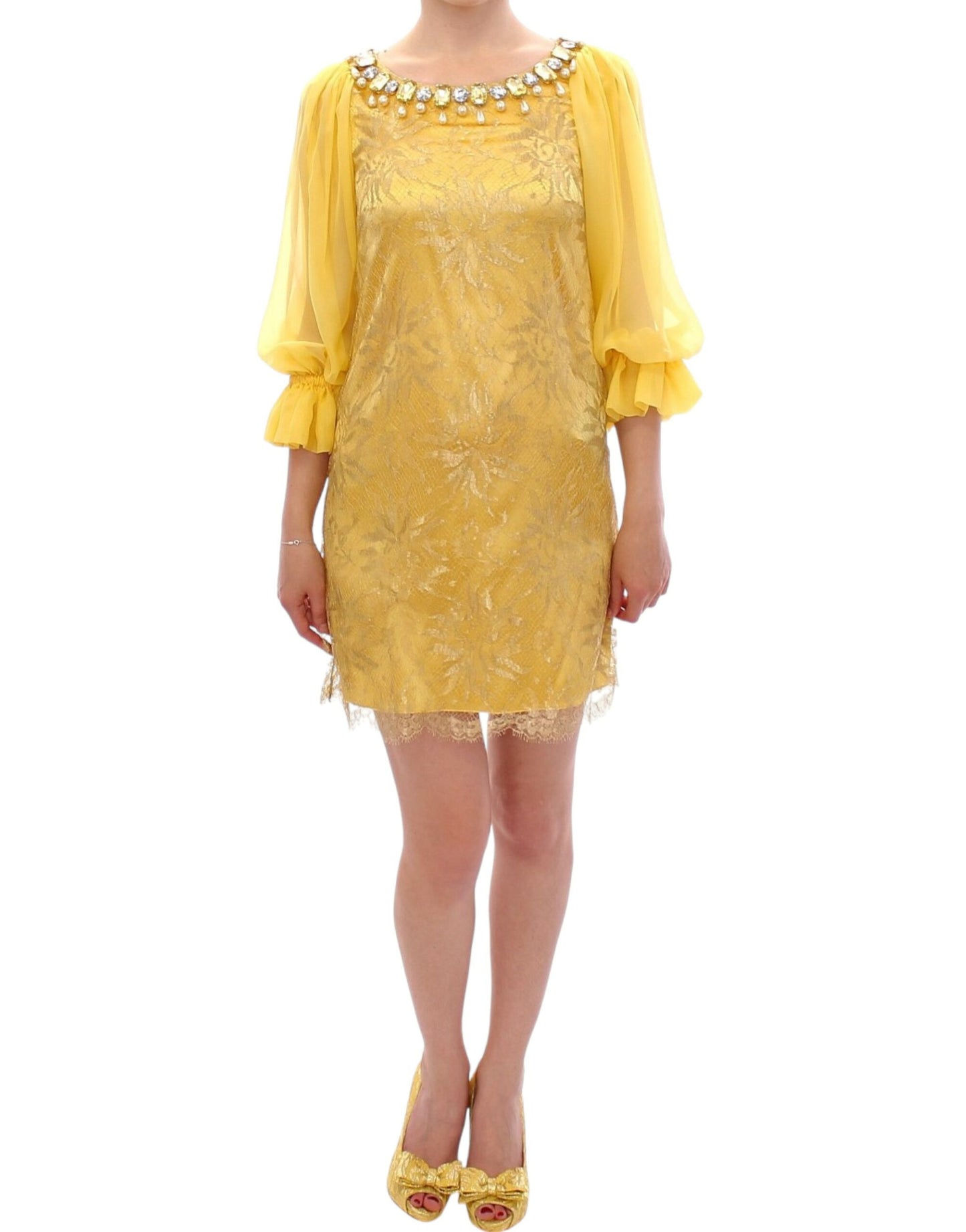 Mini-robe en dentelle jaune et strass de Dolce & Gabbana