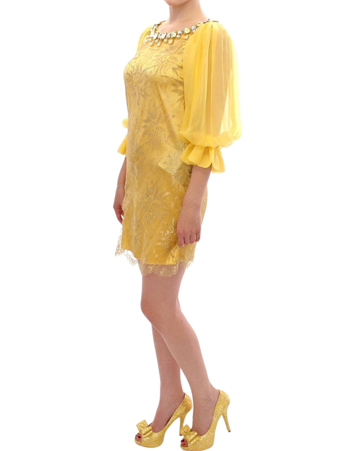 Mini-robe en dentelle jaune et strass de Dolce & Gabbana