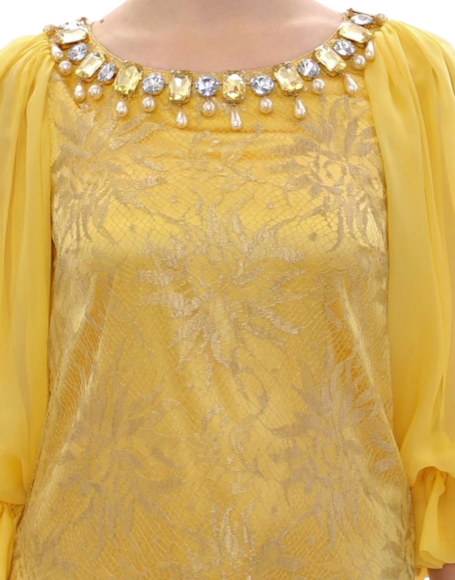 Mini-robe en dentelle jaune et strass de Dolce & Gabbana