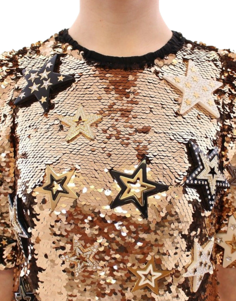 Robe Dolce &amp; Gabbana, pièce maîtresse, dorée, pailletée, strass Swarovski.