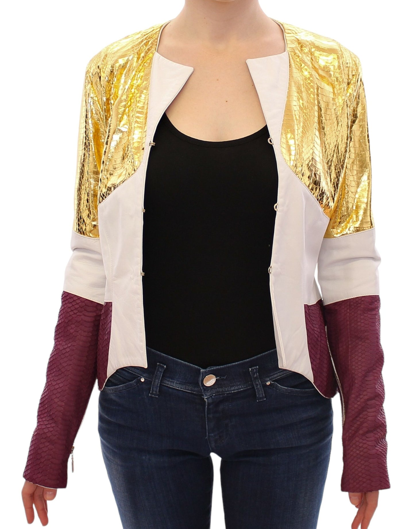 Veste en cuir violet, or et blanc de Vladimiro Gioia