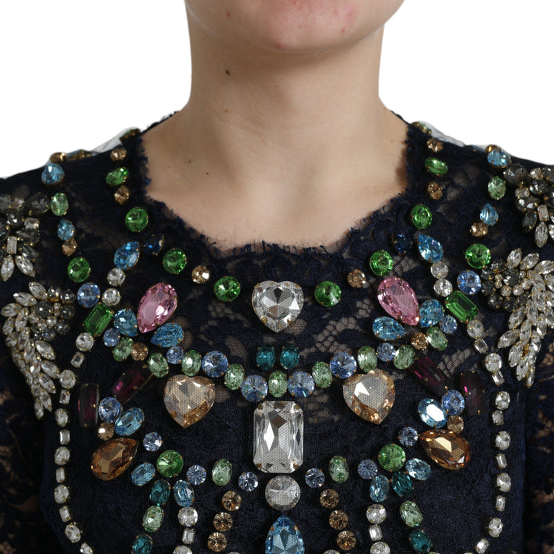 Robe longue en dentelle à motifs floraux et cristaux bleus de Dolce &amp; Gabbana