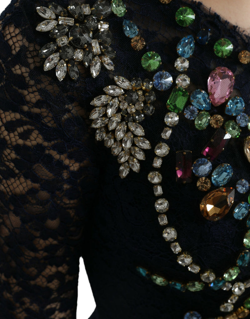 Robe longue en dentelle à motifs floraux et cristaux bleus de Dolce &amp; Gabbana